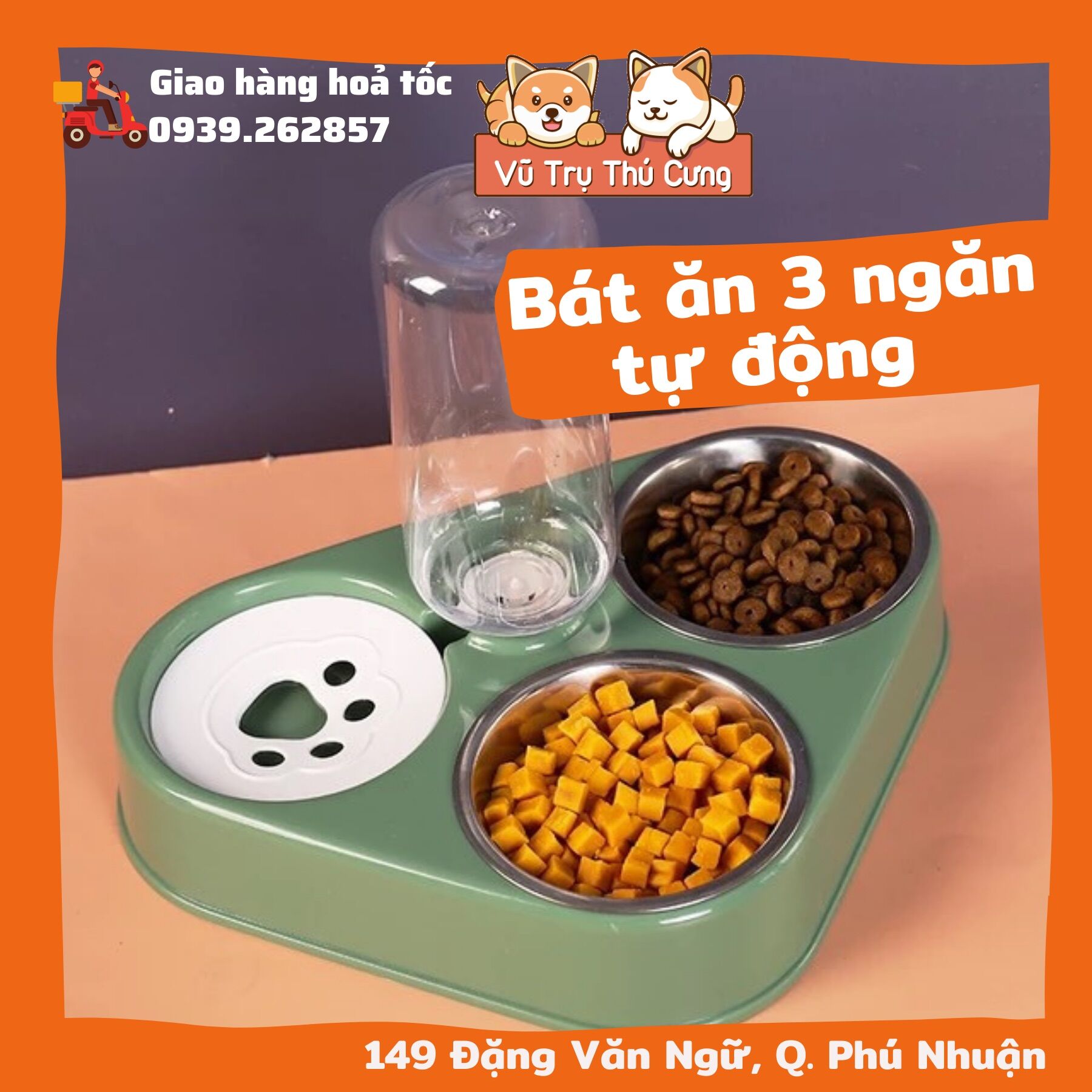 Bát ăn chó mèo 3 ngăn tự động kèm bình nước