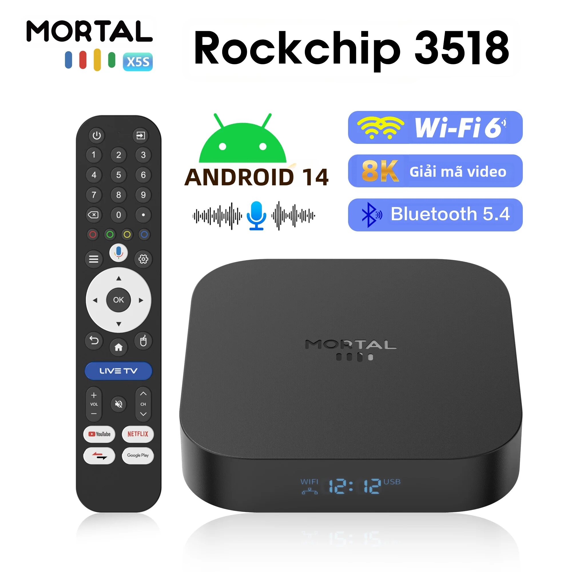 Hộp Giải Mã Truyền Hình Thông Minh Global X5S Android 14, Chip Xử Lý 4 Nhân RK3518, WiFi 6, BT 5.4, Giao Diện Kép, Hỗ Trợ Phát Trực Tuyến 8K HD, Kèm Điều Khiển Bằng Giọng Nói