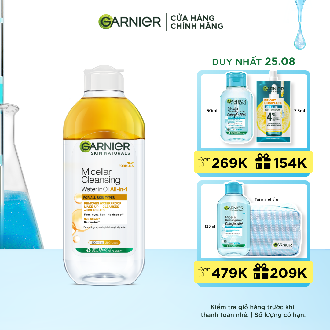 Nước làm sạch và tẩy trang cho da khô & trang điểm lâu trôi Garnier Micellar Water Oil-Infused 400ml