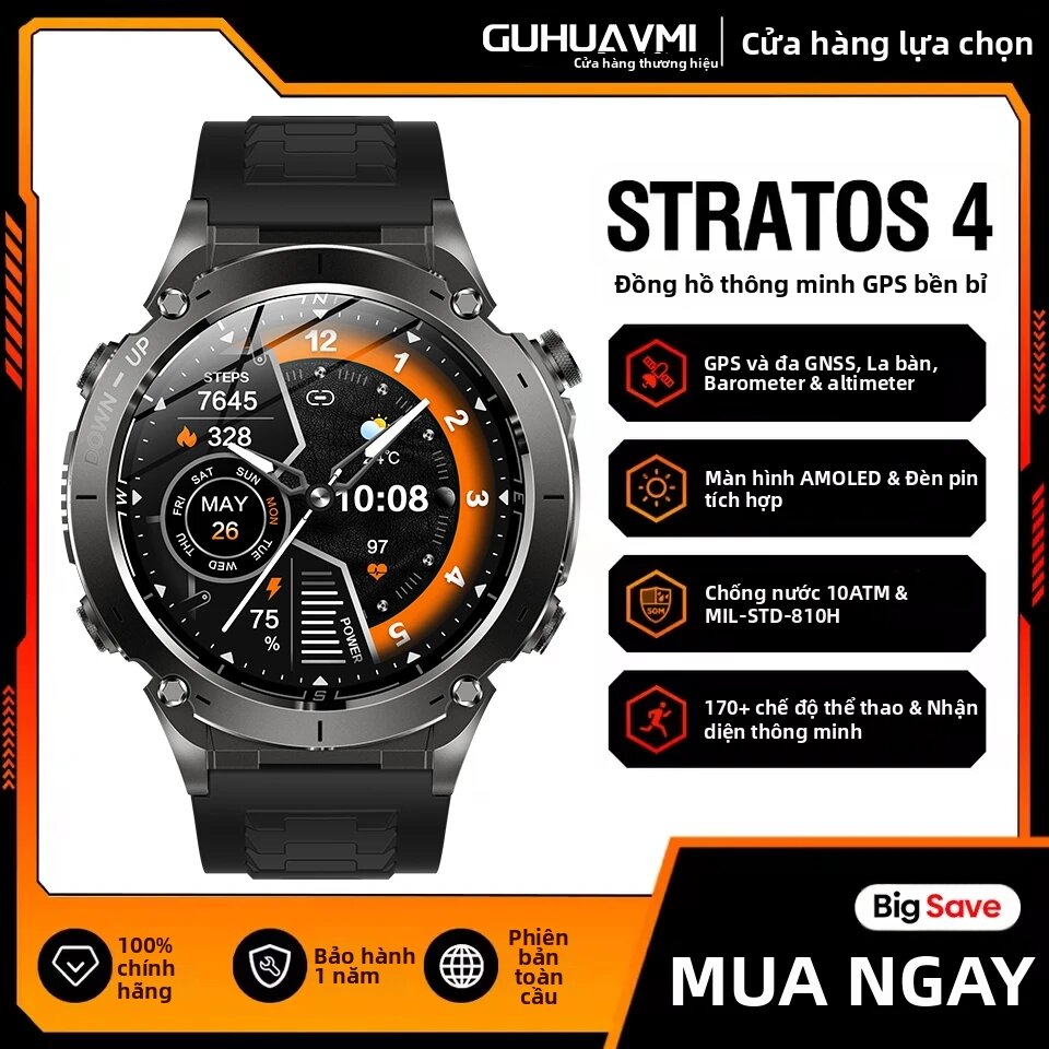 Đồng Hồ Thông Minh GPS Stratos 4 2025 Mới Màn Hình AMOLED HD 1.43 Inch, La Bàn, Máy Đo Độ Cao Khí Áp, Gọi Thoại, Theo Dõi Thể Dục Dành Cho Android & iOS
