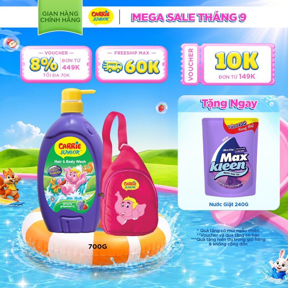 [Tặng Kèm Túi Đeo Chéo] Sữa Tắm Gội cho bé Carrie Junior Hương Grapeberry/Melon/Cherry/Mơ tây 700g