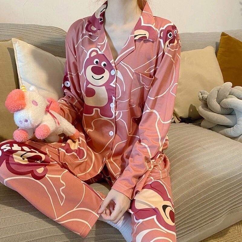 Bộ ngủ pijama hồng gấu tay dài quần dài chất kate thái mềm mại dễ thương - Pizama bộ mặc nhà dài tay