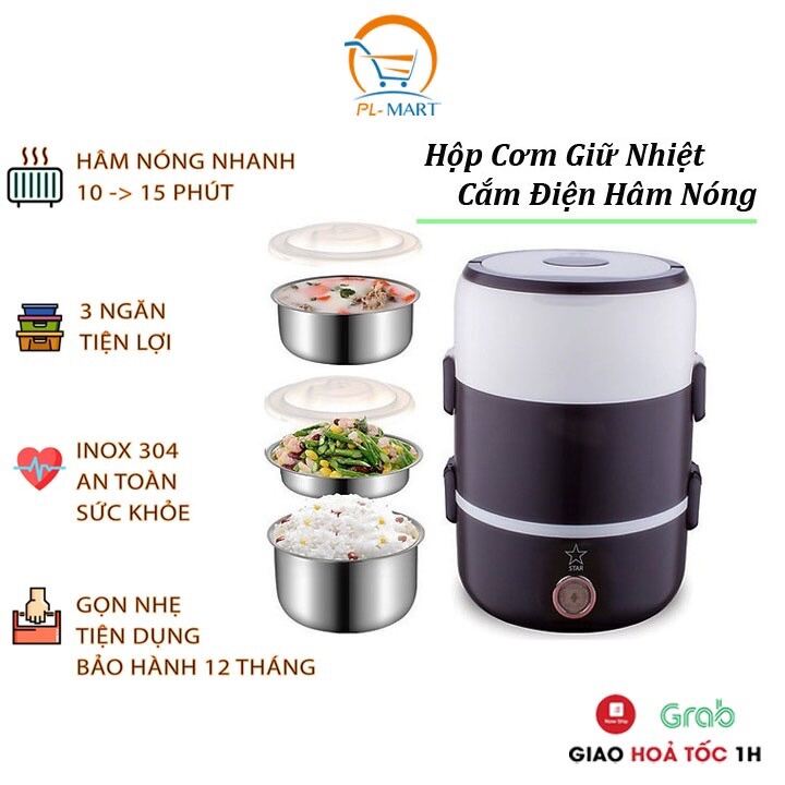 Hộp Cơm Hâm Nóng Giữ Nhiệt 3 Tầng INOX Cắm Điện, Cặp Lồng Cắm Điện Hâm Nóng Đựng Cơm Văn Phòng