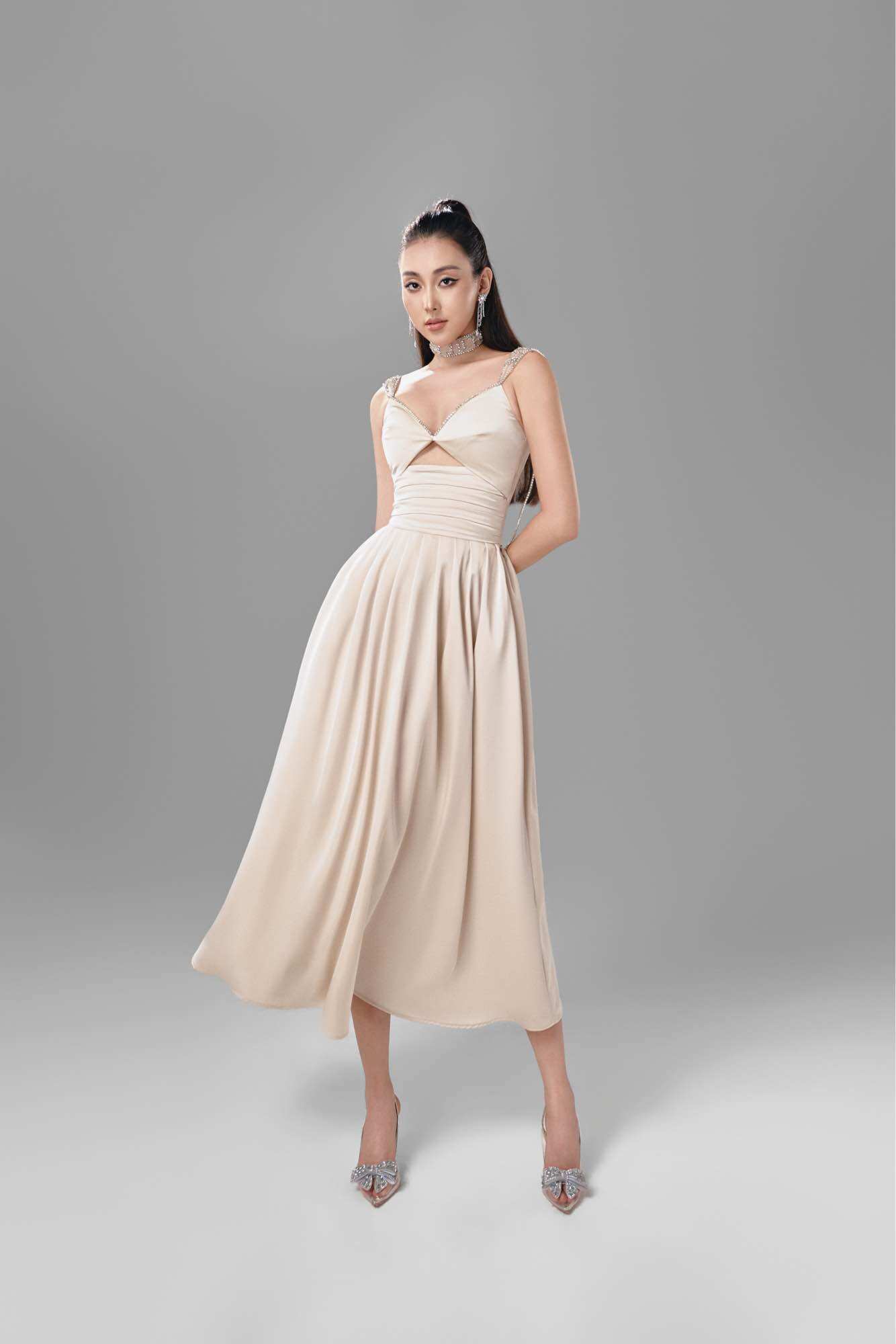 Celaine long dress - váy dây dáng xoè dài cut-out đính đá thủ công cao cấp joyus