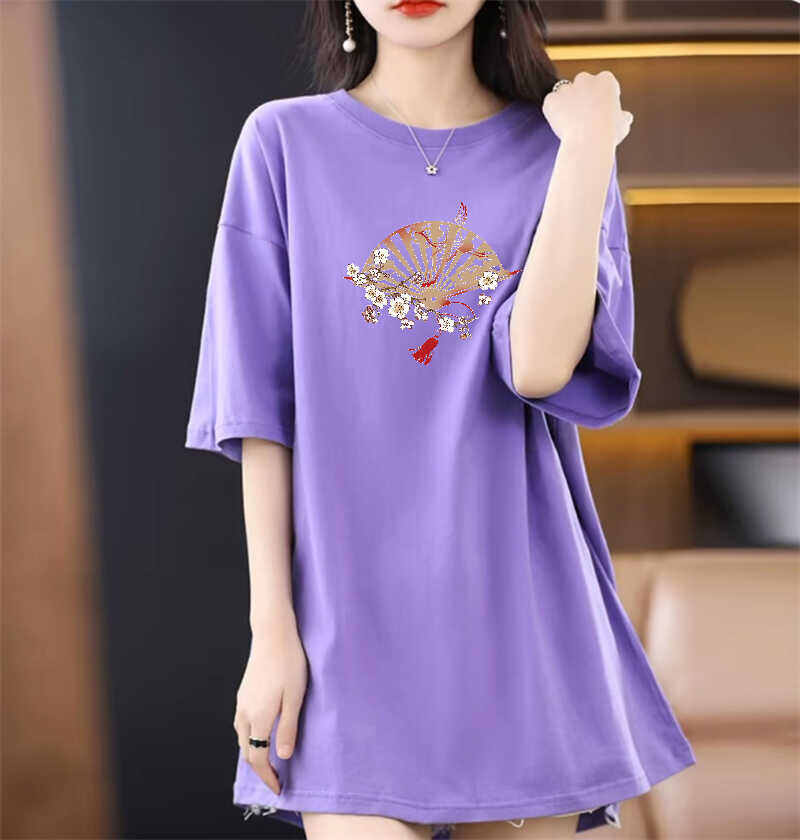 Áo Thun Nữ Tay Ngắn Phong Cách Trung Quốc, Áo Thun in Họa Tiết Mùa Hè, Cổ Tròn, Dài Vừa Phải, Thường Ngày, Tay Ngắn, Trung Tính