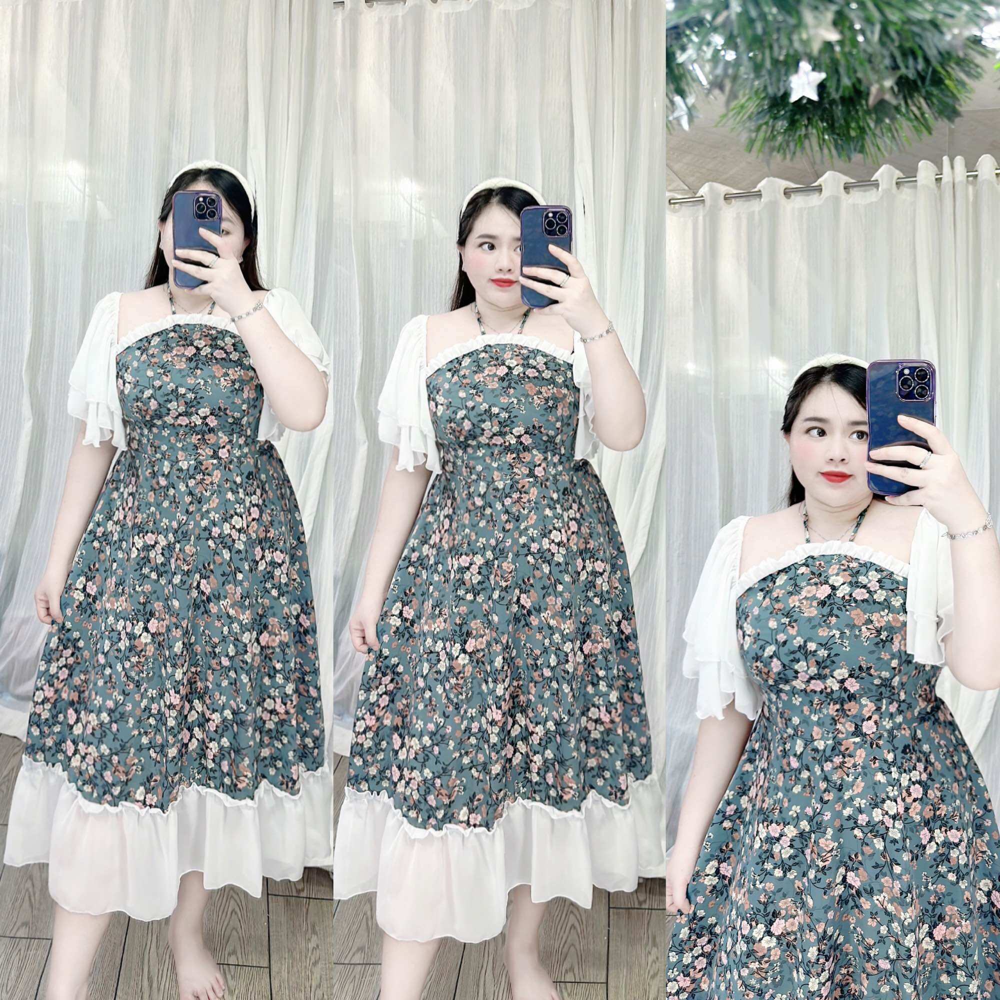 [Bigsize 60-90kg] Đầm cổ yếm cánh tiên lụa mango phối chiffon