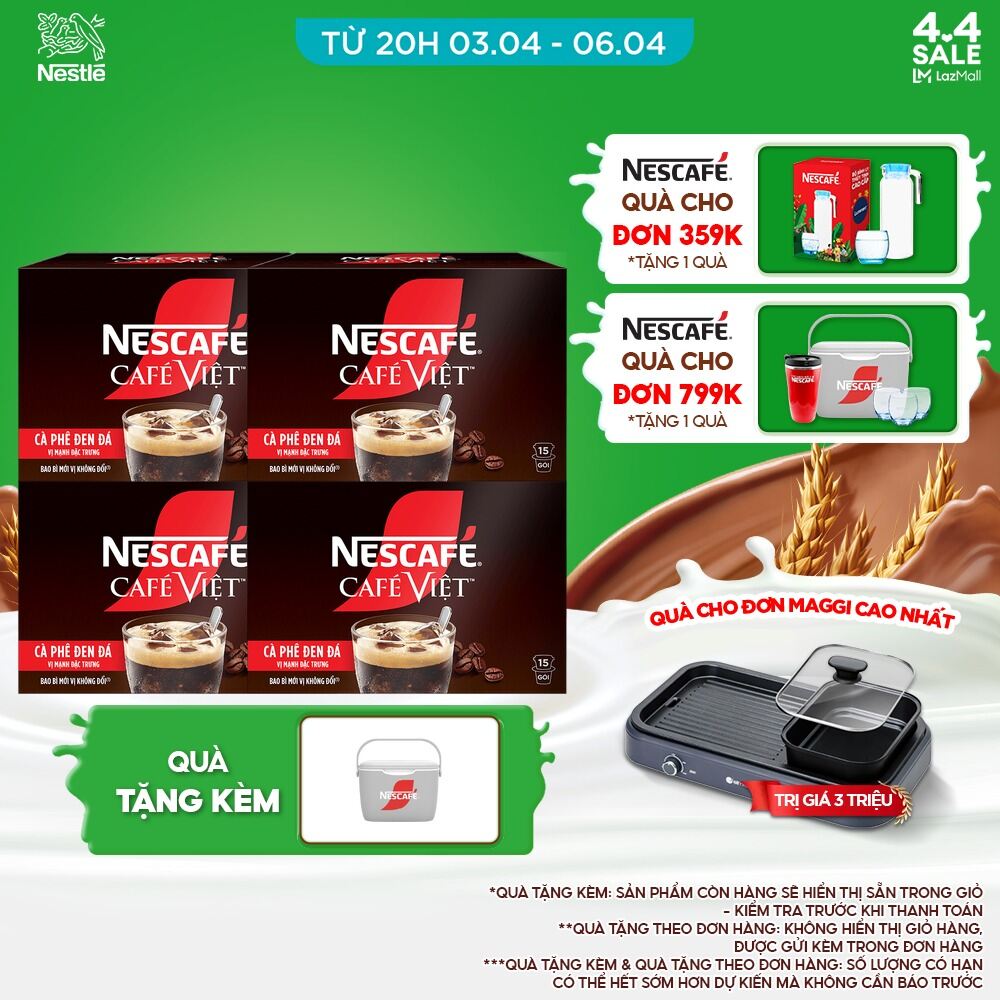 [ƯU ĐÃI THÁNG 6][FREESHIP HCM] Combo 4 hộp Cà phê đen hòa tan NESCAFÉ CAFÉ VIỆT (16g x 15 gói)
