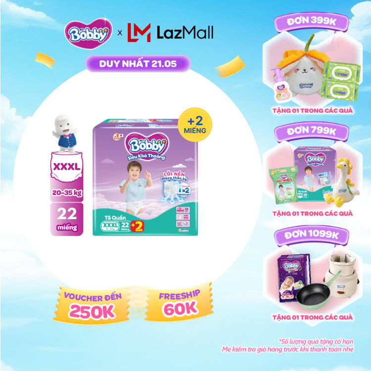 [SALE CUỐI THÁNG tặng QUÀ TO-SLCH][Số miếng tặng thay đổi tùy đợt nhập hàng] Tã/bỉm quần Bobby 3mm Jumbo Siêu khô thoáng XXXL22