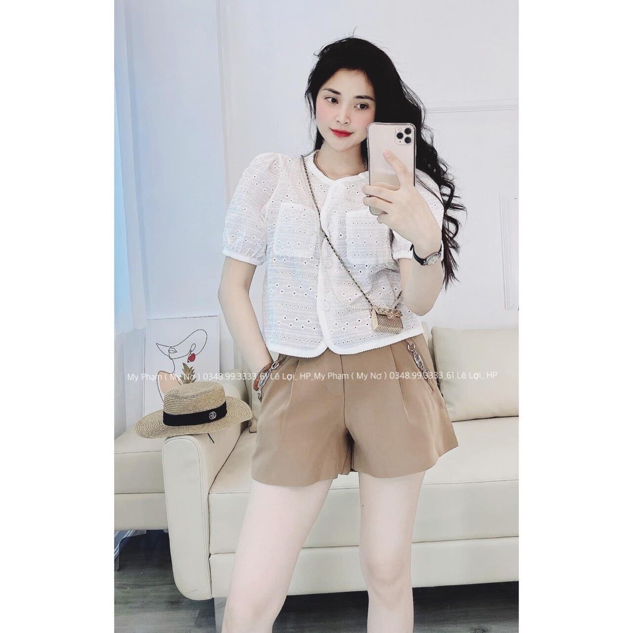 Sét áo trắng thô hoạ tiết cao cấp mix sooc đùi nâu