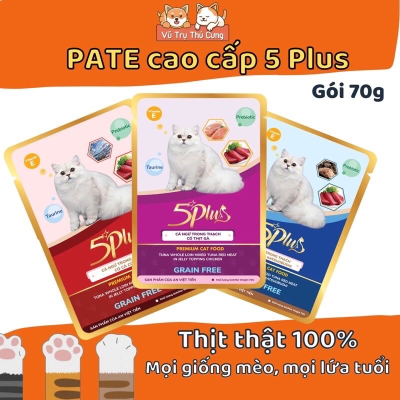 Pate cho Mèo 5Plus, Pate gói cho Mèo mọi độ tuổi, Thức ăn ướt cho Mèo biếng ăn