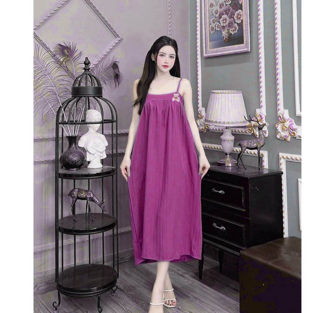 Đầm ngủ 2 dây cho nữ chất lụa đũi mát mẻ - m70
