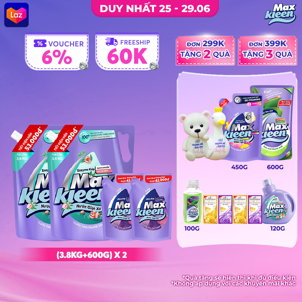 [Tặng Kèm 2 Túi Giặt Minisize + 2 GIFT] Combo 2 Túi giặt xả MaxKleen 3.8/ 3.6kg