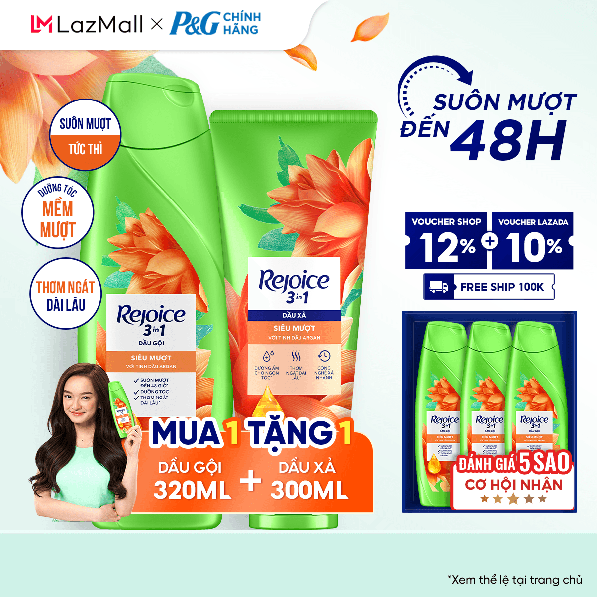 [Voucher 12%] [Mua 1 tặng 1] Dầu Gội REJOICE Siêu Mượt Tặng Dầu Xả REJOICE Cùng Loại Chai 320ML