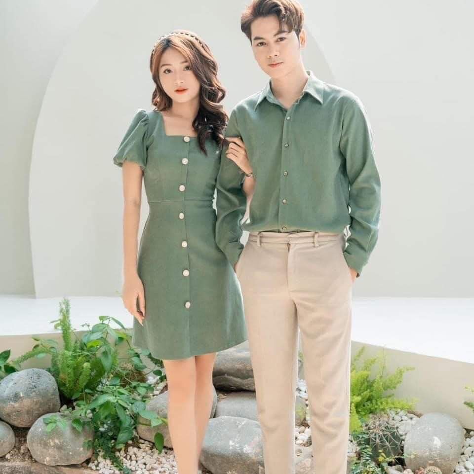 Hình thật. Set couple canh cổ vuông phối nút siêu đẹp 😍