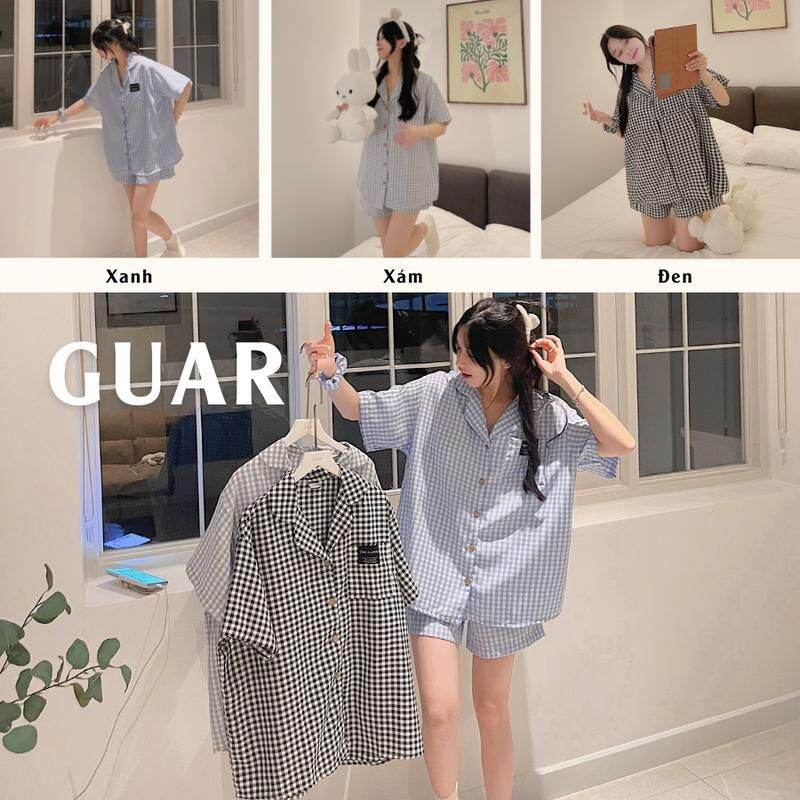 Bộ đùi pyjama kẻ xốp cổ vét.