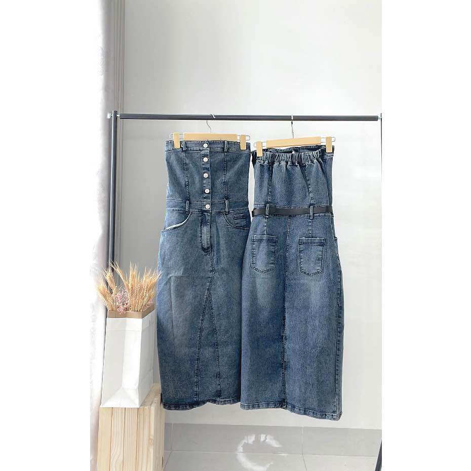 Đầm Jean ống đan dây lưng, Váy Bò xoè cá tính