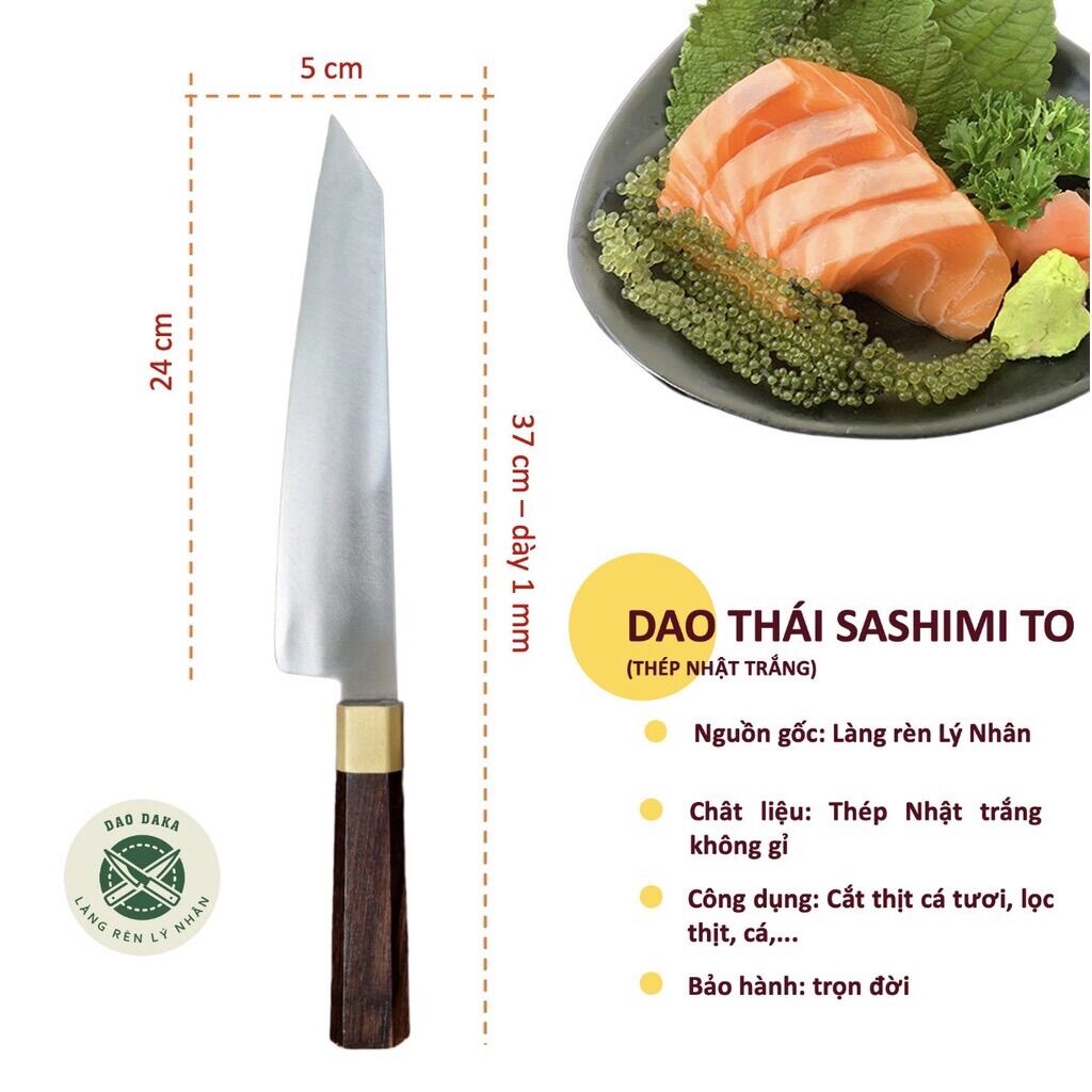 Dao chuyên thái Sashimi thép Nhật trắng không gỉ - Cán gỗ cẩm sừng khâu đồng