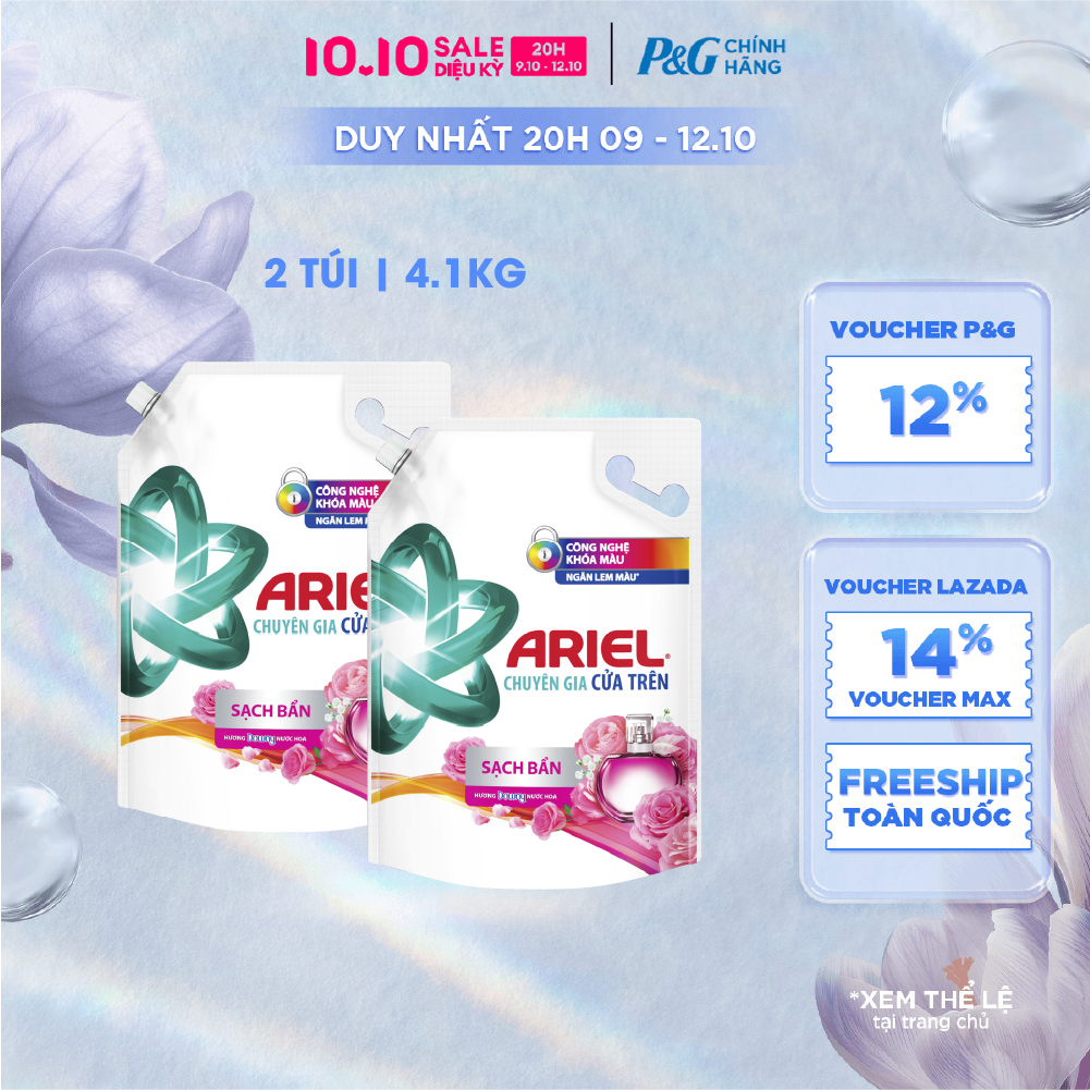 [Voucher 12%] Combo 2 Nước Giặt Cửa Trên ARIEL Ngăn Lem Màu, Quần Áo Siêu Thơm Hương Downy Hương Nước Hoa Túi 4.1KG