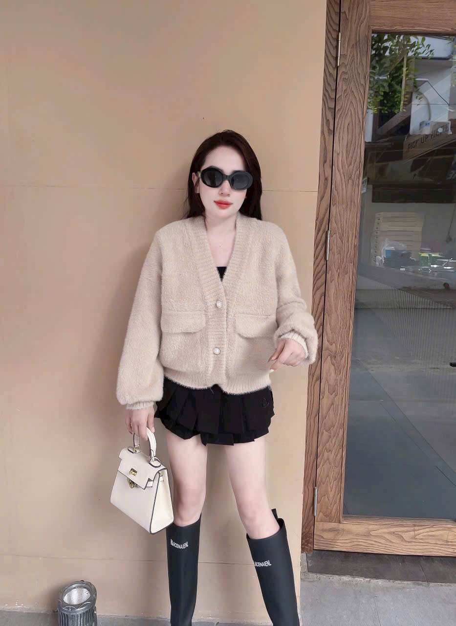 Áo khoác len cadigan lông thỏ cúc vuông 2 túi bên phong cách HQ