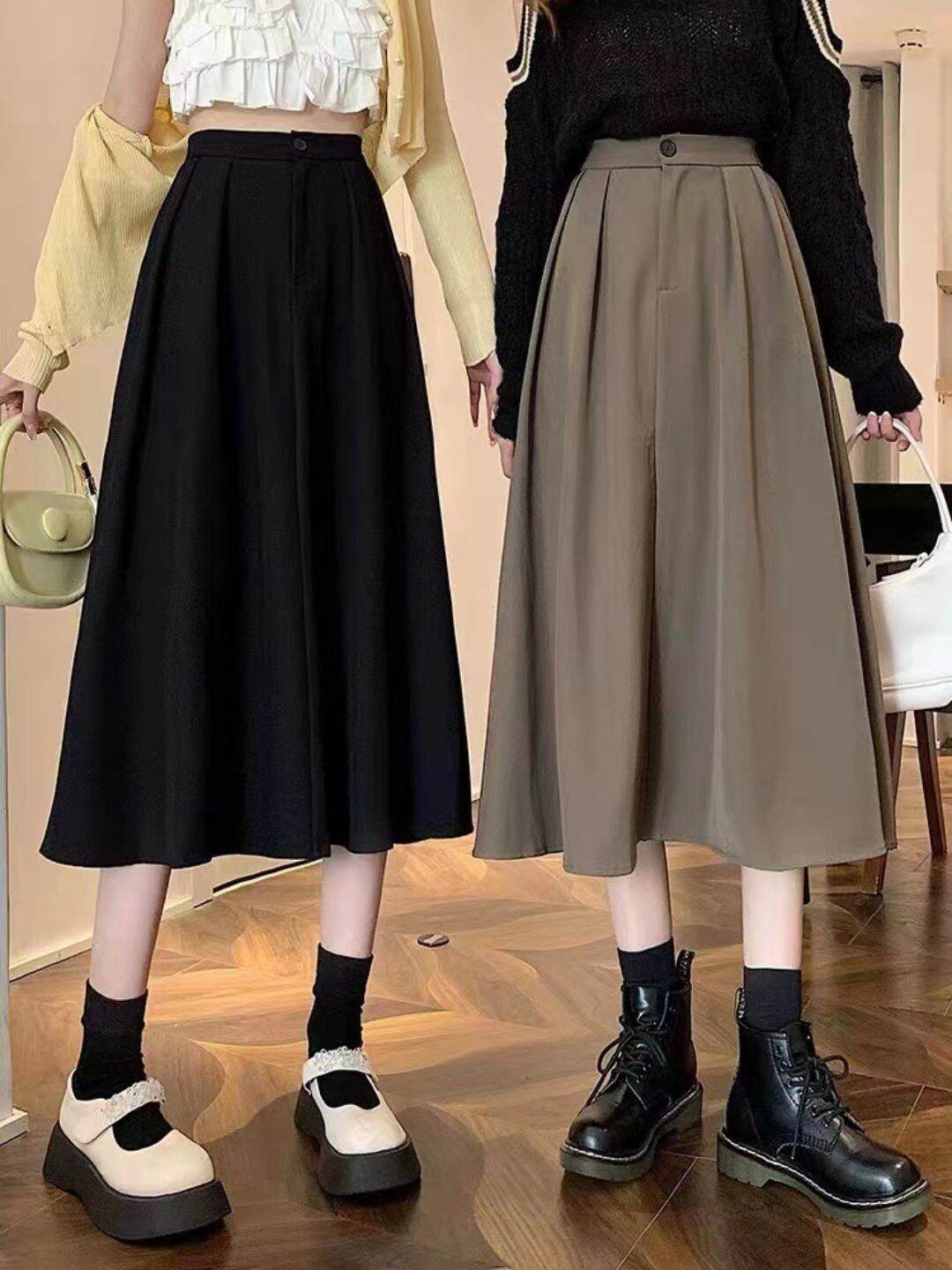 chân váy midi cạp cao dáng A vintage hàn quốc