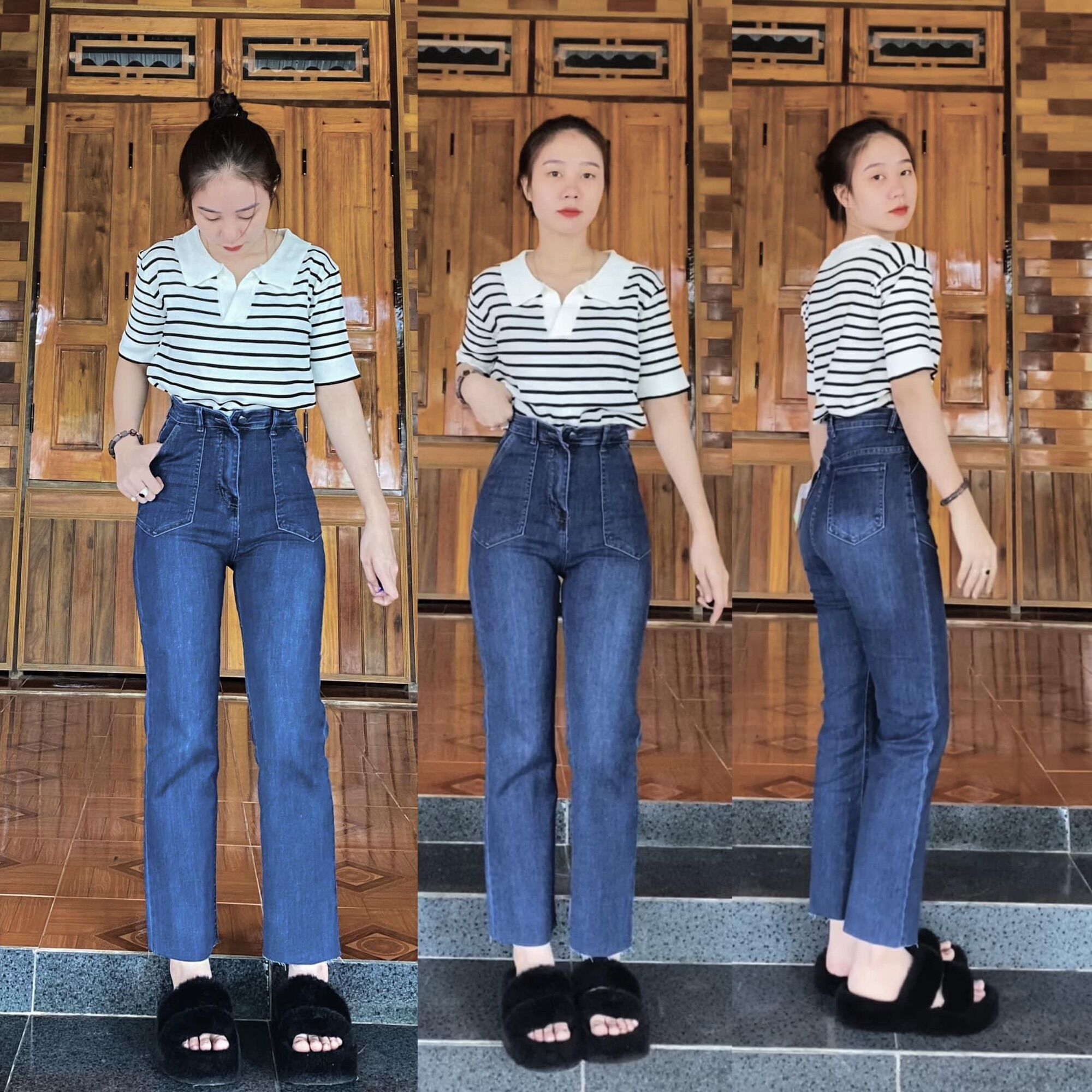Jeans dài co giãn ống đứng túi xéo