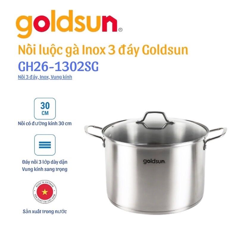 Nồi luộc gà,đáy từ, inox goldsun ge43-1302sg size 26-28-30cm- hàng chính hãng