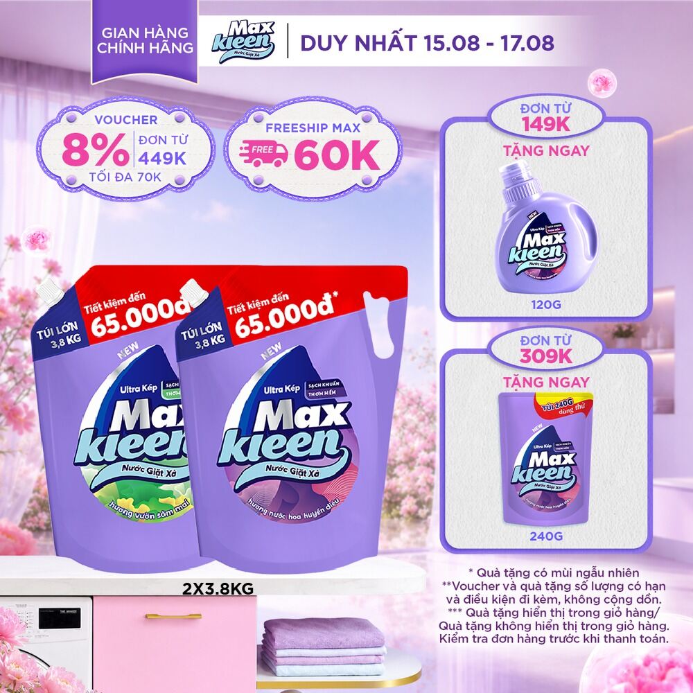Combo Túi Nước Giặt Xả MaxKleen Hương Huyền Diệu Túi 3.8kg + Hương Vườn Sớm Mai 3.8kg