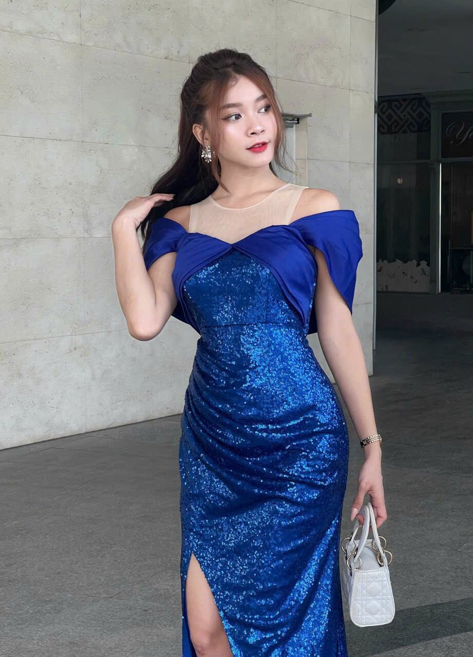 Đầm dạ hội kim sa rớt vai