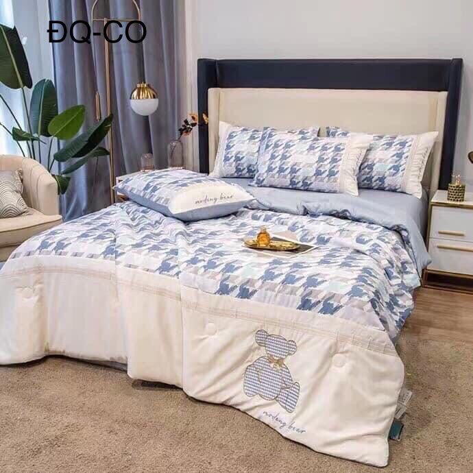 Bộ chăn ga gối chăn trần bông họa tiết cánh én thêu gấu gồm 4 món