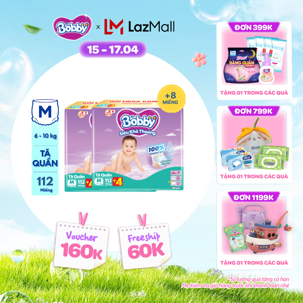 [CHỈ 18-24.04 QT Đơn 899K/1199K][TẶNG MIẾNG NGẪU NHIÊN] Combo 2 Tã/bỉm quần Bobby 3mm Mega Jumbo Gạo non Giảm nhiệt M112