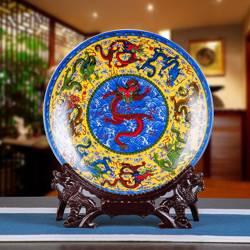 Jingdezhen Blue and White Porcelain Ceramics Pastel Decorative Hanging Plate Decoration Modern Fashion Flower Disk Home Ornament Sitting Plate