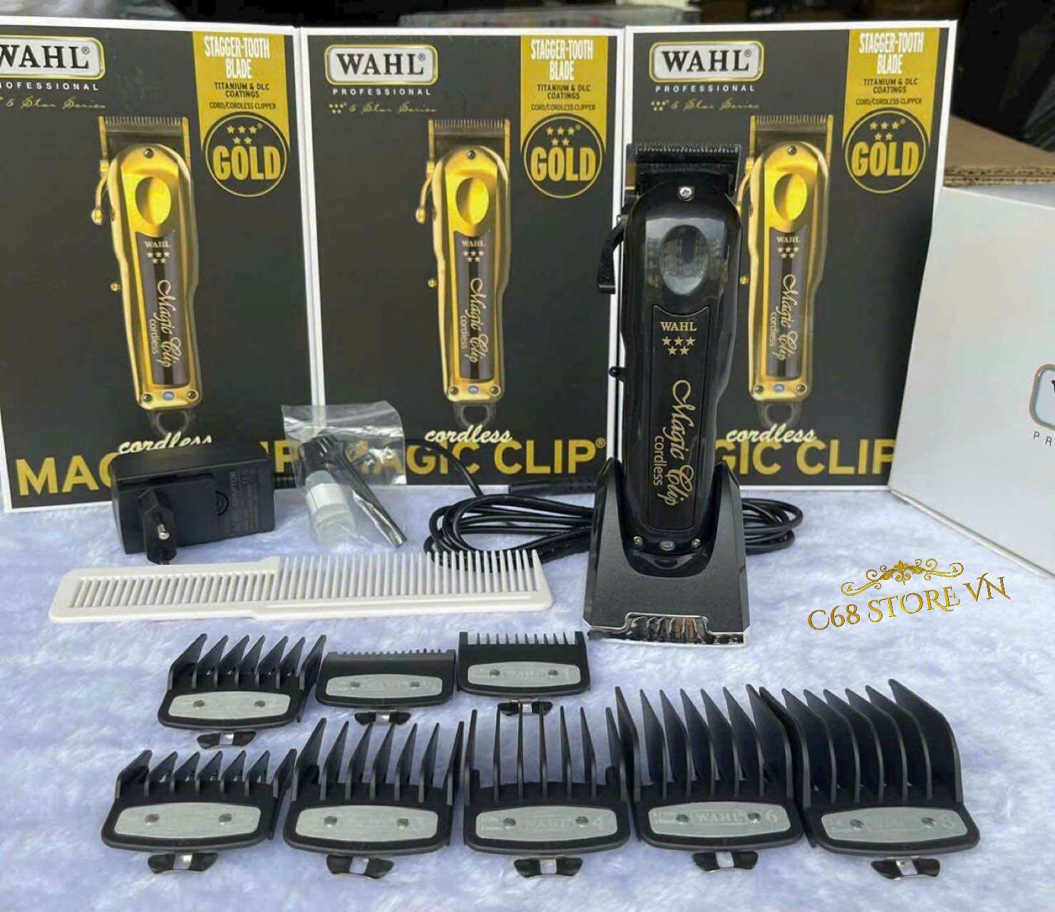 Tông đơ cắt tóc WAHL Magic Gold / Black cao cấp - lưỡi kép kèm Dock sạc