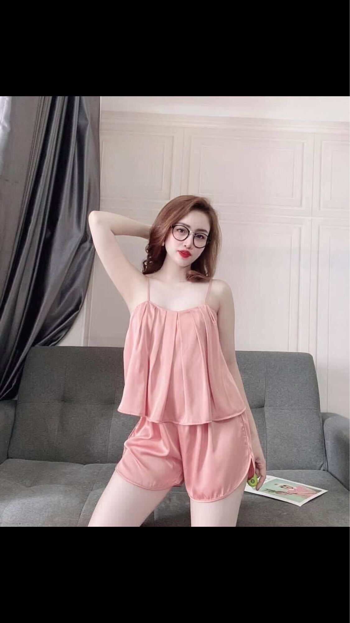 Đồ ngủ nữ, bộ 2 dây xếp ly ngực chất lụa satin