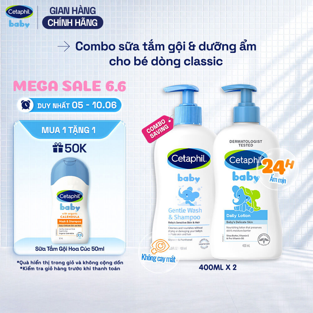 Combo Sữa tắm gội dịu lành Cetaphil Baby Gentle Wash  Shampoo 400ml + Sữa dưỡng ẩm dịu lành Cetaphil Baby Lotion 400ml