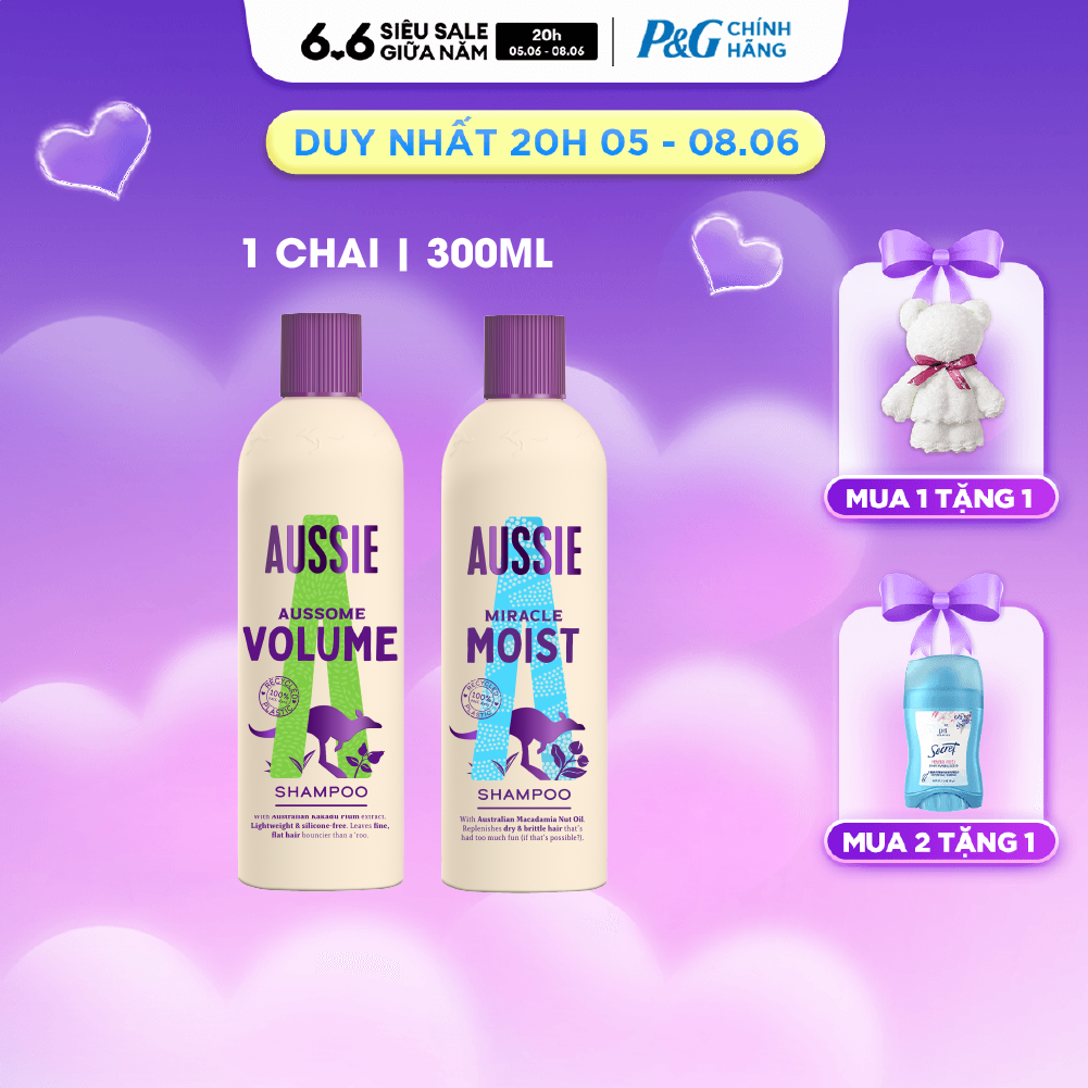 Dầu Gội Aussie Miracle Moist/Aussome Volume Chai 300ml - Châu Âu
