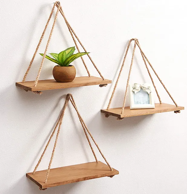 Kệ treo tường bằng dây thừng macramé gỗ dày 17ly
