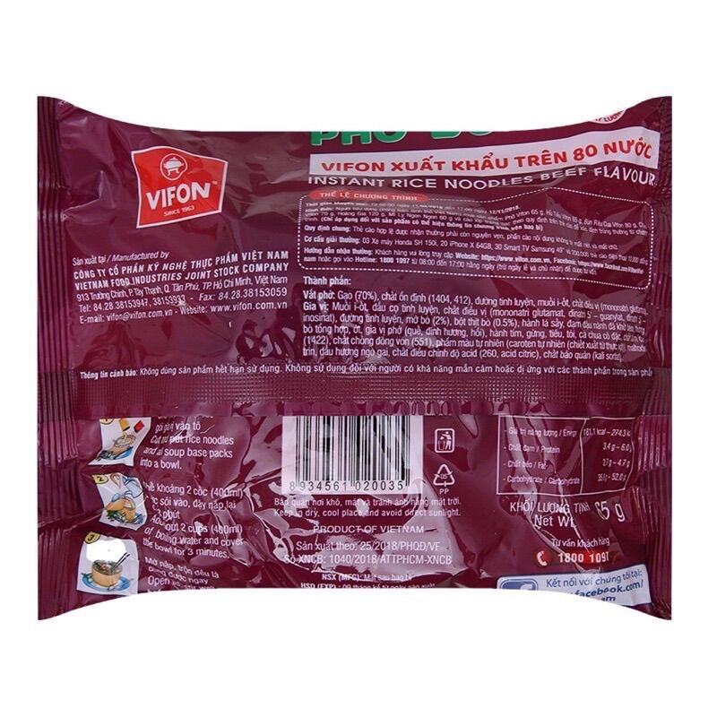Phở bò Vifon thùng 30 gói x 65gr