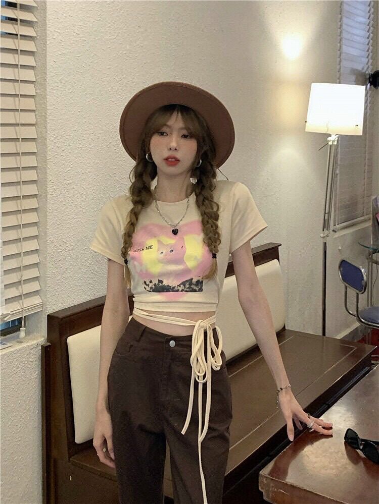 Áo croptop dây quấn eo con mèo BG
