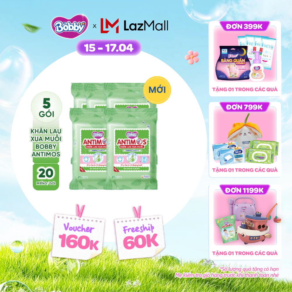 [CHỈ 25-29.04 QT Đơn 899K/1199K][MỚI] Bộ 5 gói khăn lau xua muỗi Bobby Antimos 20 miếng