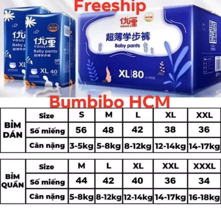 HCM Tã Bỉm youli Size S108 M96 L84 XL80 XXL72 XXXL68