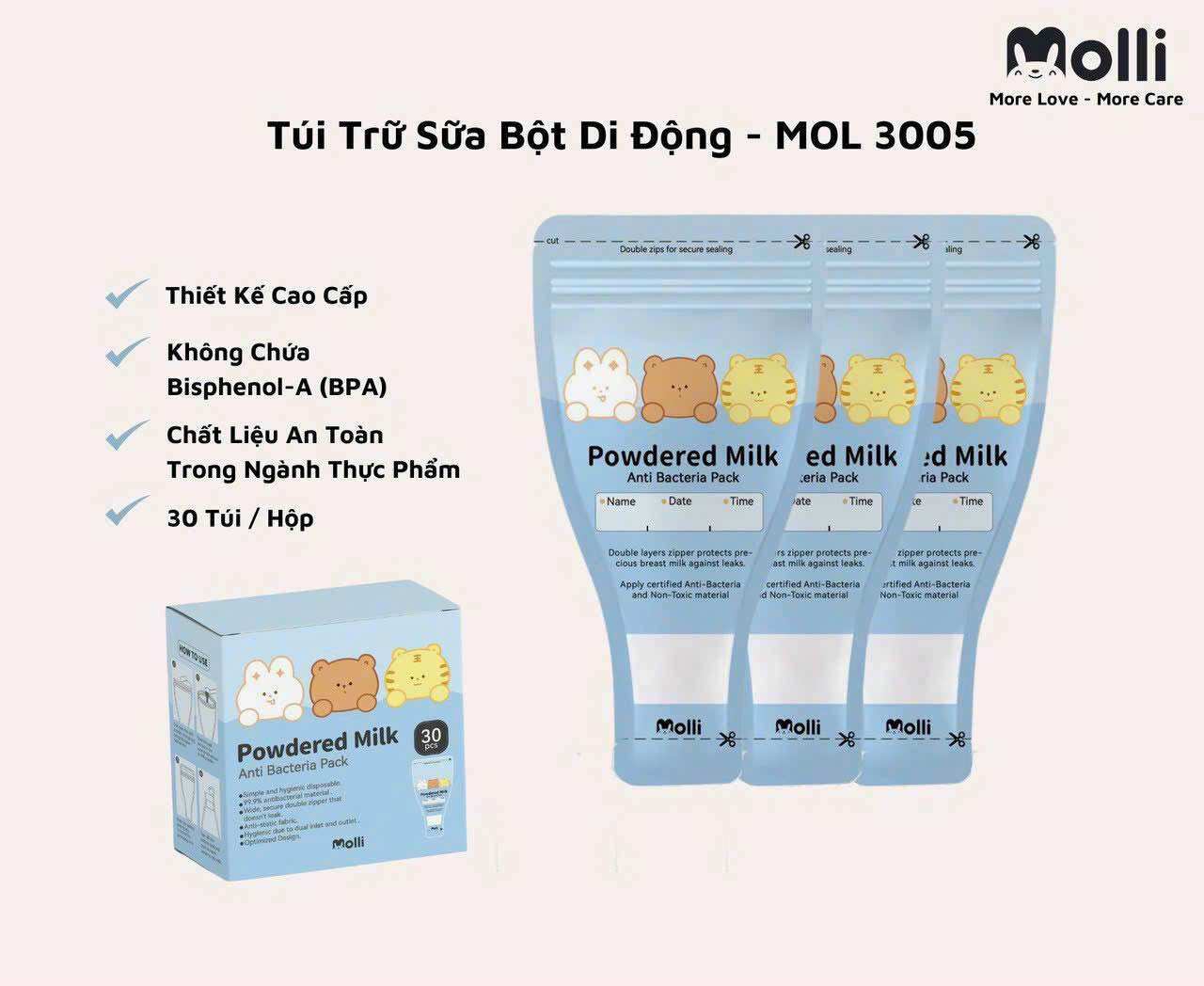 Túi trữ sữa bột Molli túi trữ sữa bột du lịch (Hộp 30 túi)