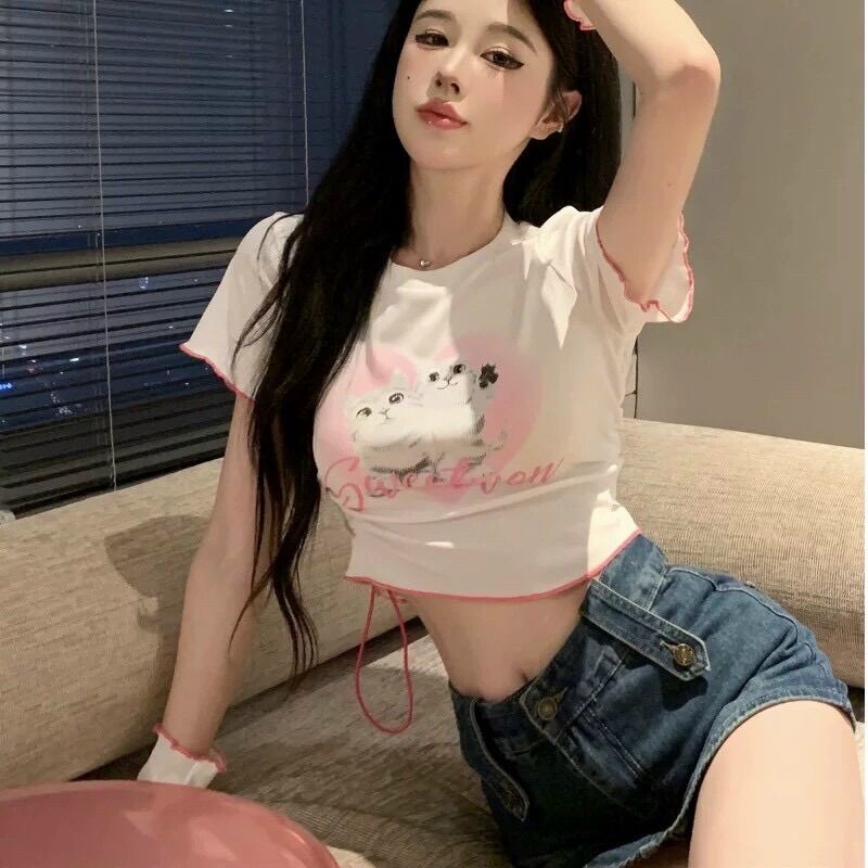 Áo croptop 2 chú mèo hồng BG