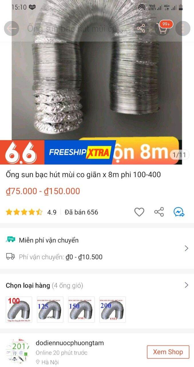 Ống sun bạc hút mùi phi 100mm dài 8 mét