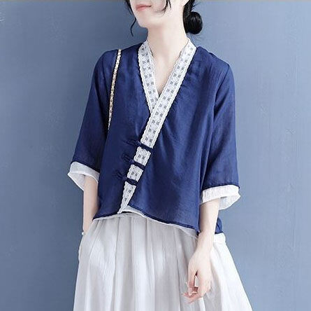 Áo trơn văn nghệ cổ điển phong cách trung quốc mùa hè hán phục cách tân trẻ trung trang phục thời đường trang phục trà nghệ thuật dân quốc thiền áo nữ