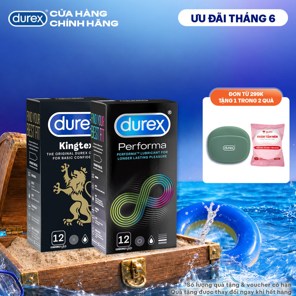 Combo 1 hộp Bao cao su Durex Kingtex 49mm 12 bao  1 hộp Bao cao su Durex Performa 52mm 12 bao