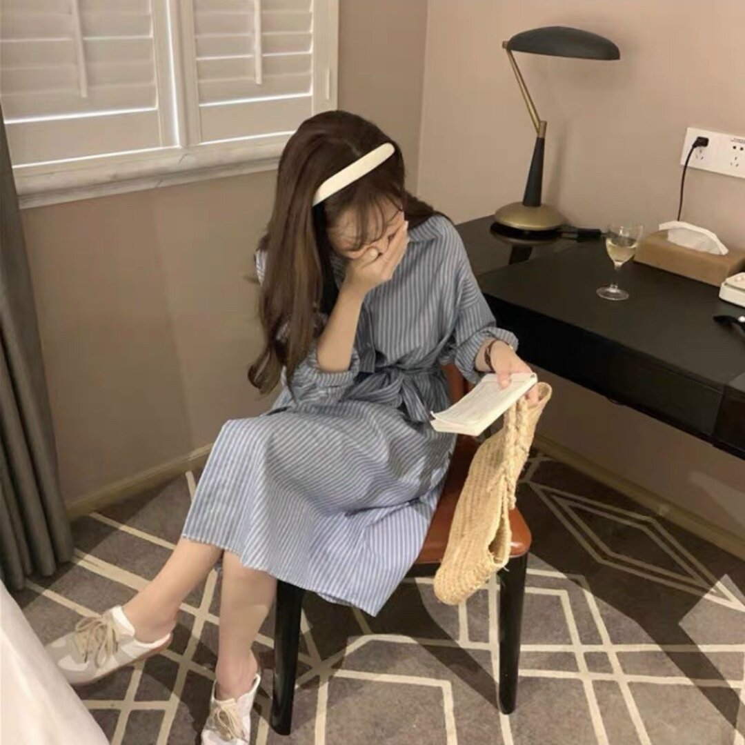 váy sơ mi kẻ sọc dáng dài ulzzang hàn quốc