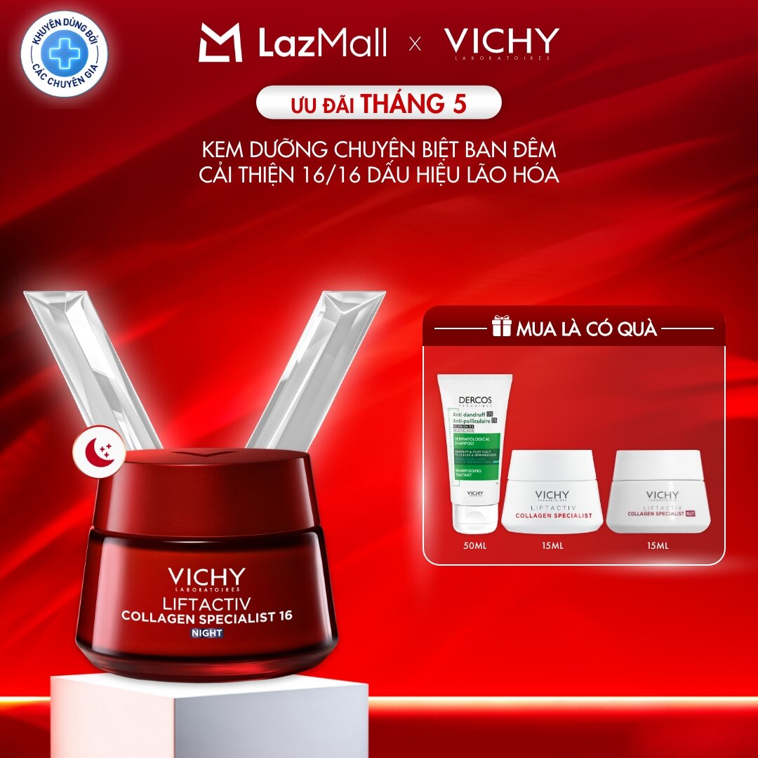Kem dưỡng giúp cải thiện trọn 16 dấu hiệu lão hóa, giảm nếp nhăn, sáng da, dùng ban đêm Vichy Collagen 16 Night 50ml
