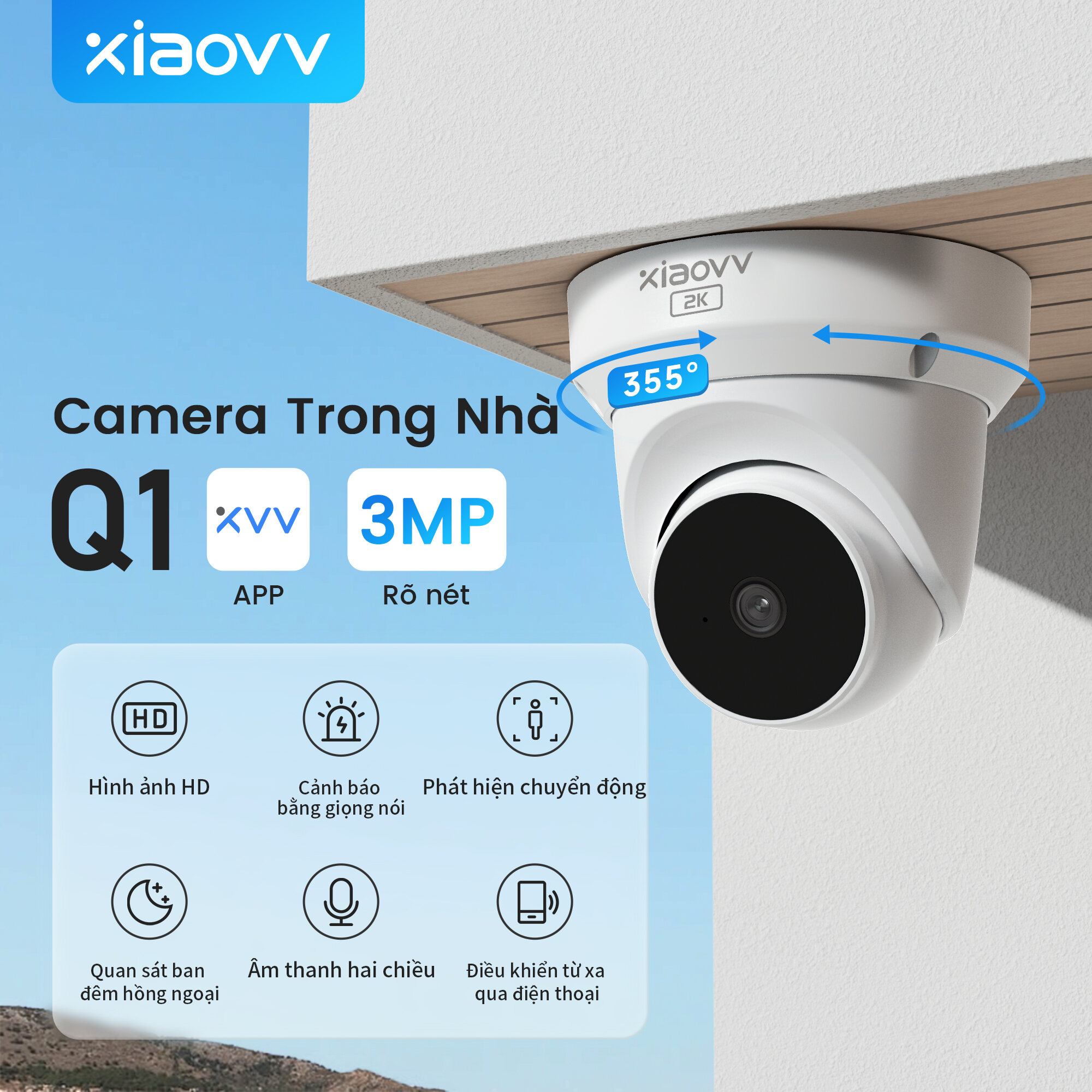 XiaoVV Q1 Smart Indoor CCTV Wireless IP Camera WiFi  Connection Phone Remote Control 110°Wide-angle 1296P/3MP Infrared Night Vision Home Security Guard Easy Installation