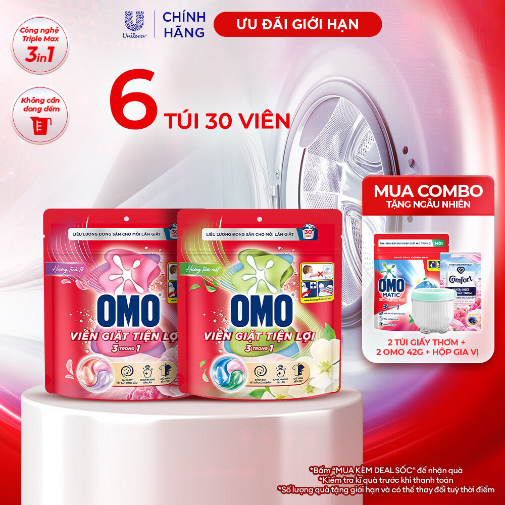 Combo 6/10 túi viên giặt tiện lợi OMO 3 trong 1 (30-50 viên/túi) (bao bì tùy lô nhập hàng)