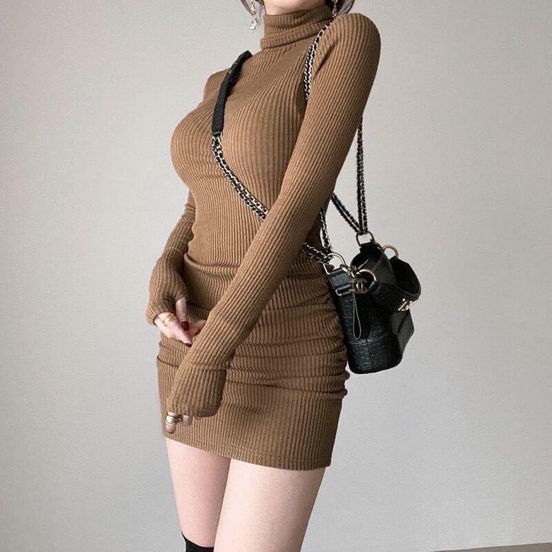 đầm body cổ cao tay dài chất thun gân
